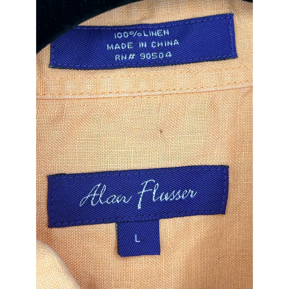Alan Flusser Mens Linen Button Down Shirt Large Peach Orange Long Sleeve Pocket - Picture 4 of 8